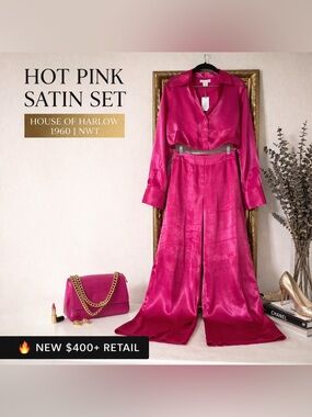 NWT House of Harlow 1960 Hot Pink Satin Wide Leg Pantsuit Set Glam Luxe